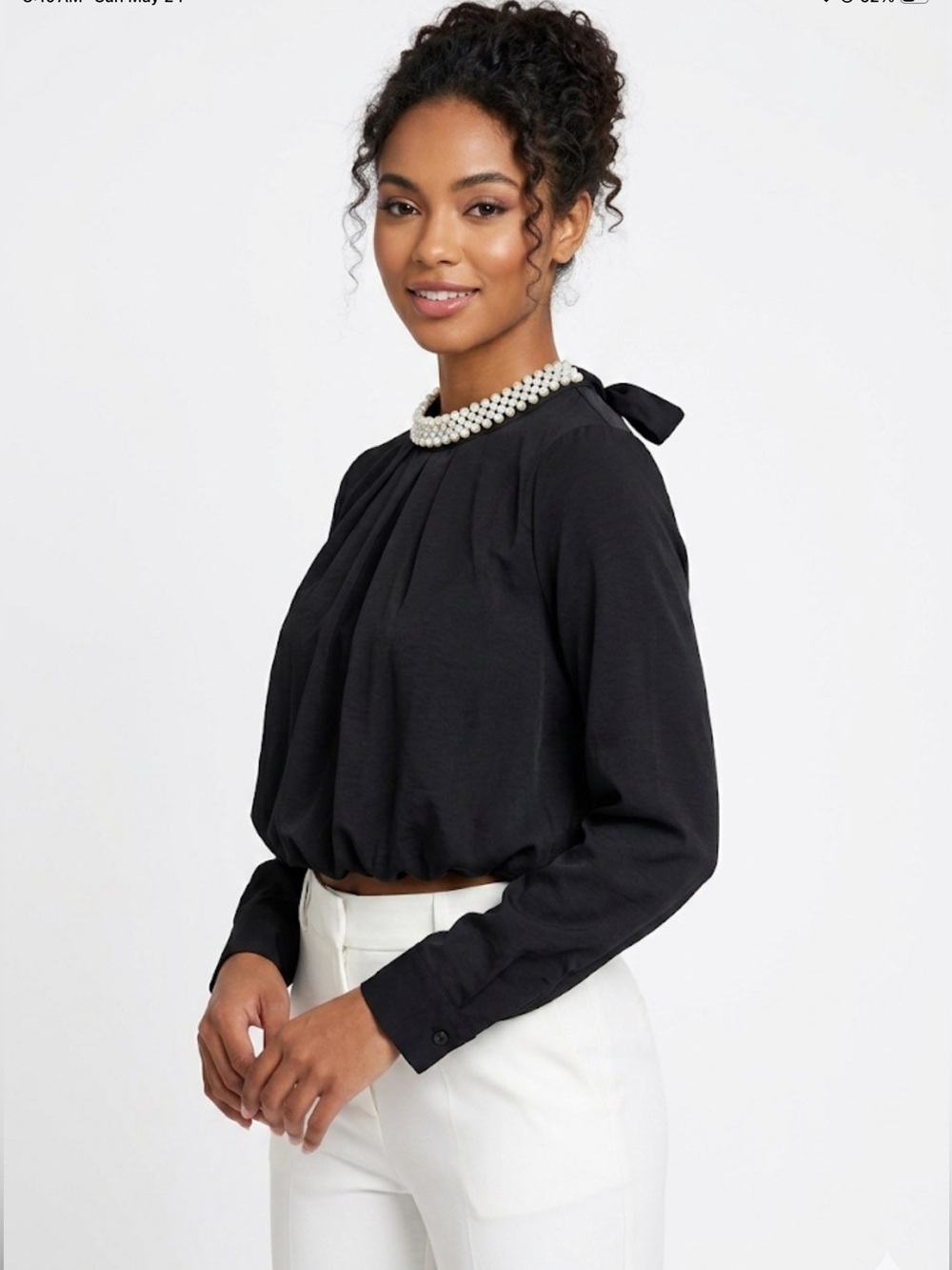 Lulumari Pearl Beaded Mock Neck Blouse Black Small Balloon Hem Tie Back Crop